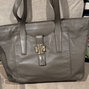 Tory Burch Taupe Leather Tote with Gold Logo Accent